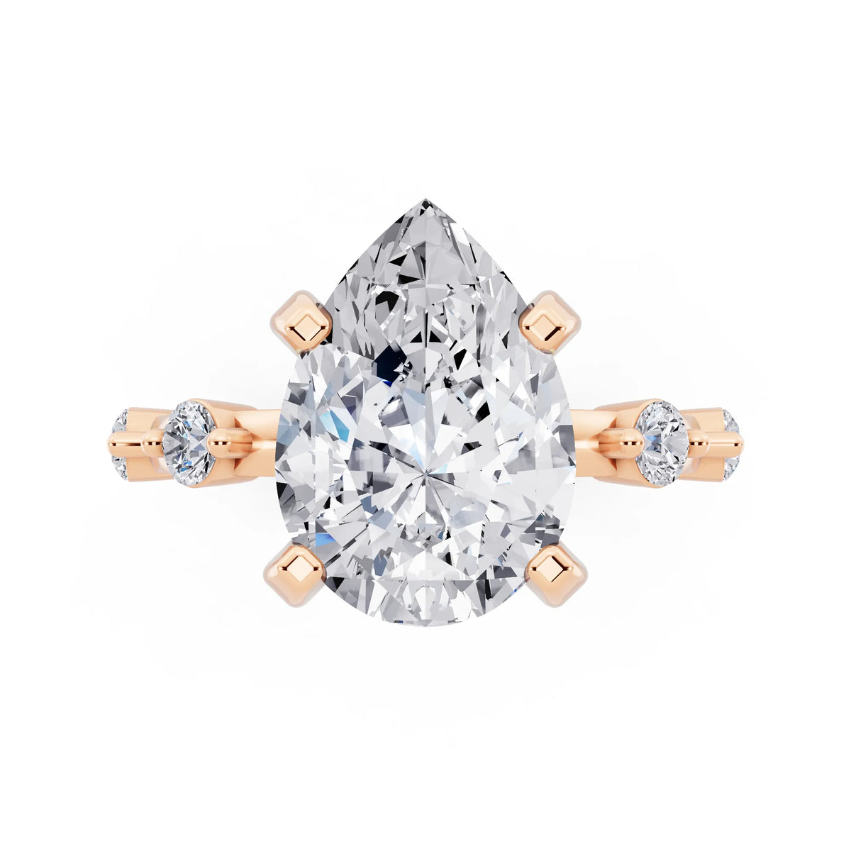 18 KT Rose Gold Pear Cut Diamond Solitaire Ring with Floating Diamond Accents - top angle
