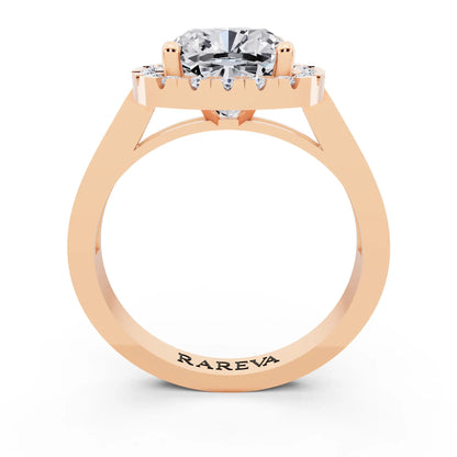 14 KT Rose Gold Cushion Cut Diamond Halo Ring with Bezel Accent Band - through finger