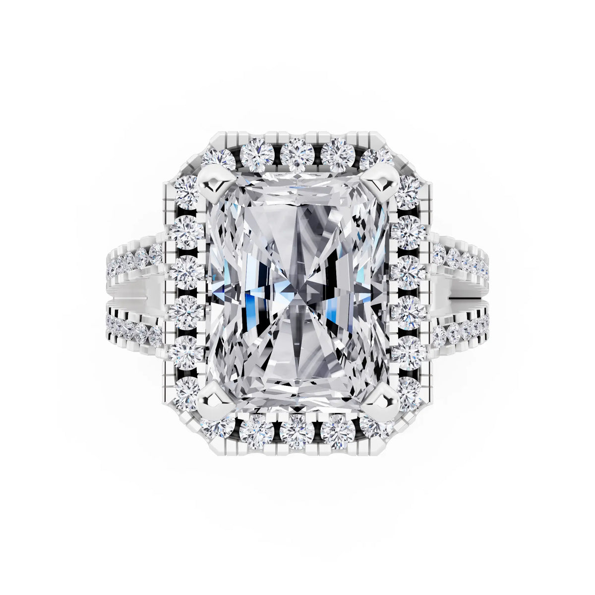 18 KT White Gold Radiant Cut Diamond Halo Ring with Pave Split Shank - top angle
