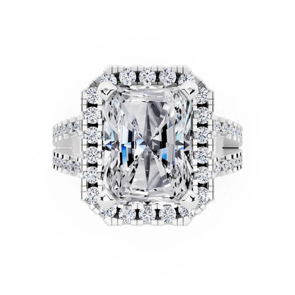 18 KT White Gold Radiant Cut Diamond Halo Ring with Pave Split Shank - top angle