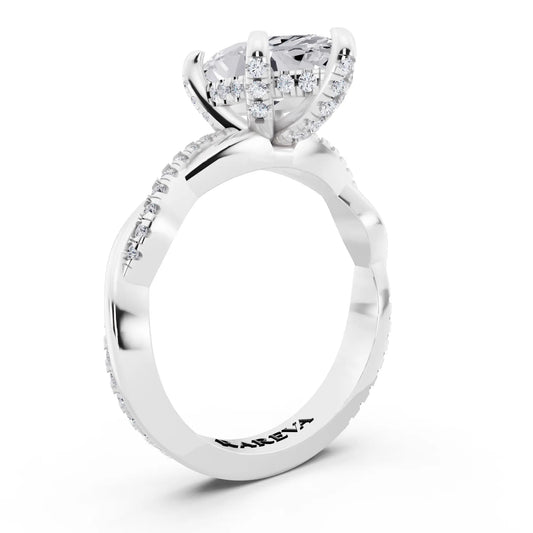 14 KT White Gold Marquise Cut Diamond Hidden Halo Ring with Twisted Pave Band - top view