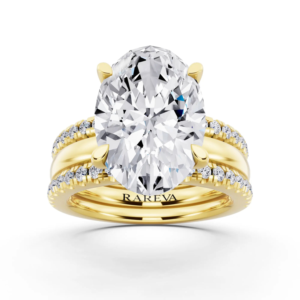 18 KT Yellow Gold Oval Cut Diamond Solitaire Twin Pave Band Stack Ring - front view