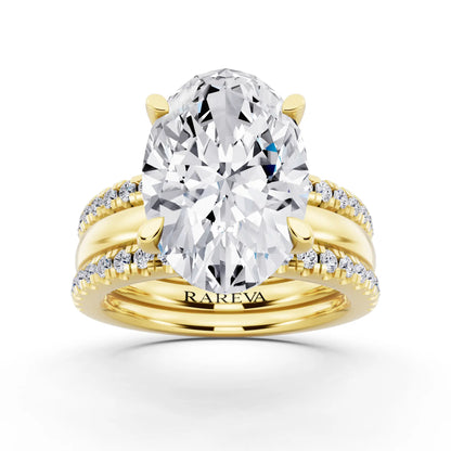 18 KT Yellow Gold Oval Cut Diamond Solitaire Twin Pave Band Stack Ring - front view