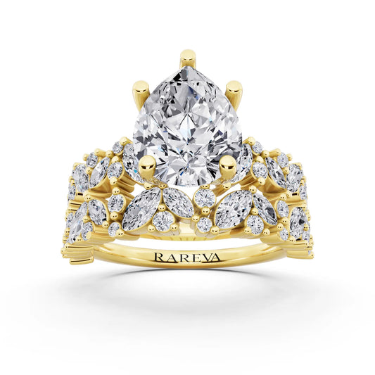 14 KT Yellow Gold Pear Cut Diamond Ring with Marquise Cluster Band - front view