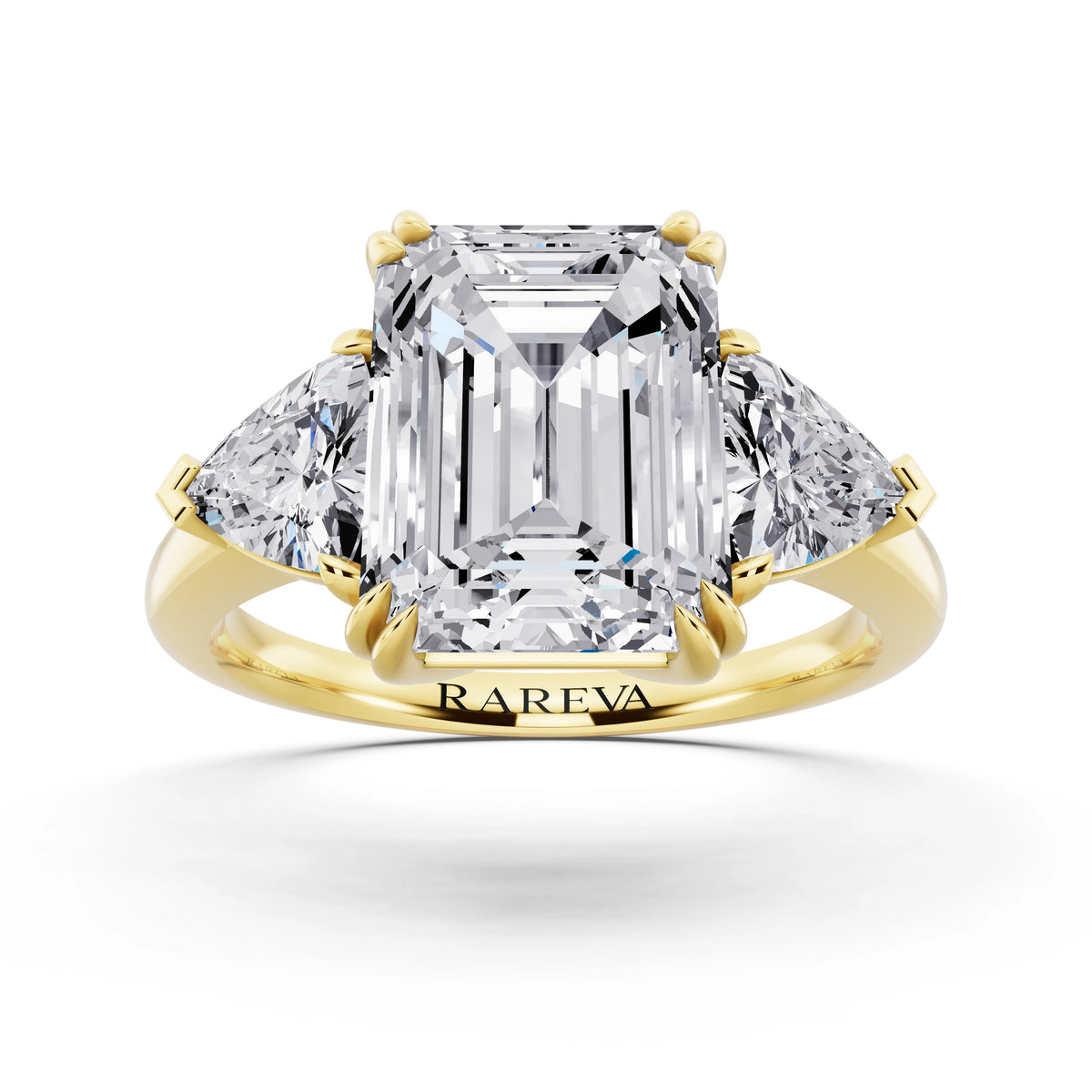 14 KT Yellow Gold Emerald Cut Diamond Three Stone Ring with Trillion Accents - front view