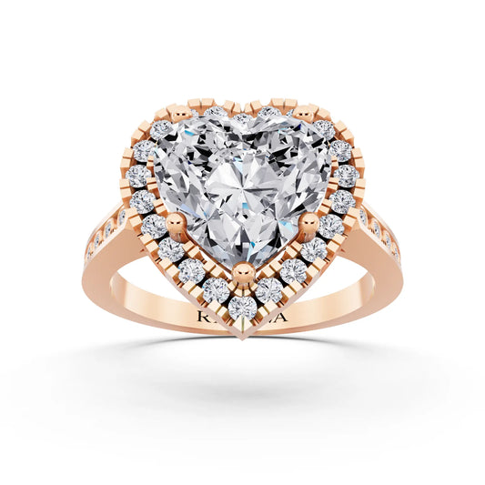14 KT Rose Gold Heart Cut Diamond Halo Ring with Bezel Accent Band - front view