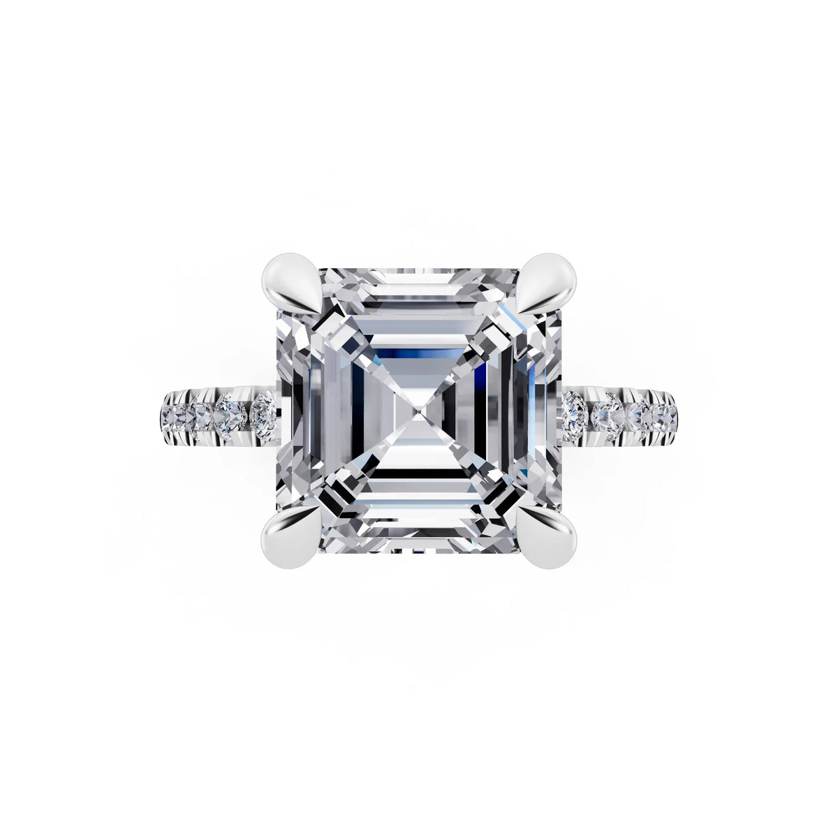 18 KT White Gold Asscher Cut Diamond Solitaire Ring with Round Pavé Band and Prong Setting - top angle