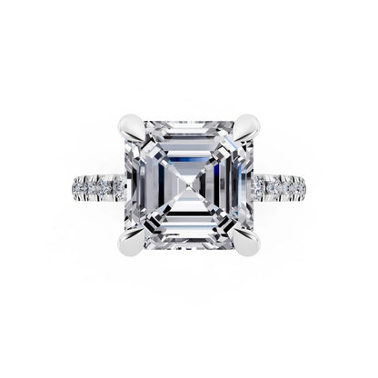 18 KT White Gold Asscher Cut Diamond Solitaire Ring with Round Pavé Band and Prong Setting - top angle