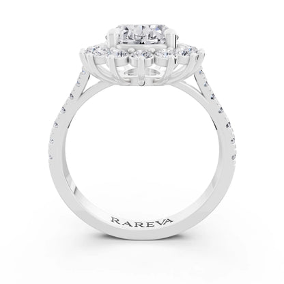 18 KT White Gold Oval Cut Diamond Floral Halo Ring with Pave Band - Through