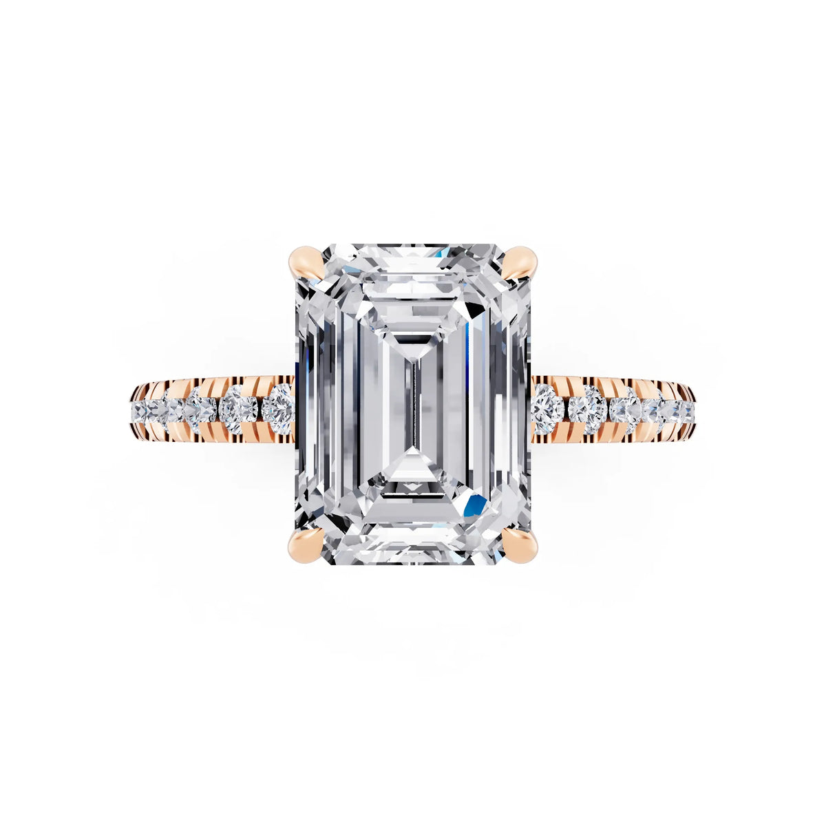 18 KT Rose Gold Emerald Cut Diamond Solitaire Ring with Marquise Collar - top angle