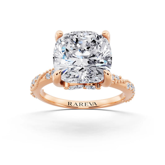 14 KT Rose Gold Cushion Cut Diamond Ring with Marquise Accent - front view