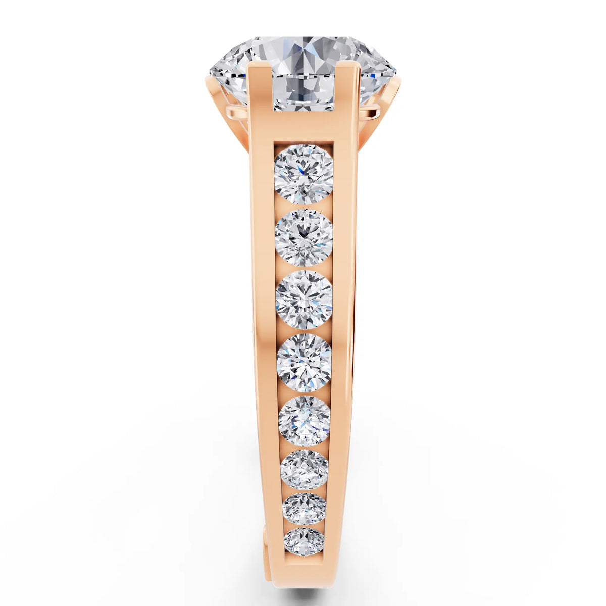 18 KT Rose Gold Round Cut Diamond Solitaire Ring with Graduated Channel Band - Side view