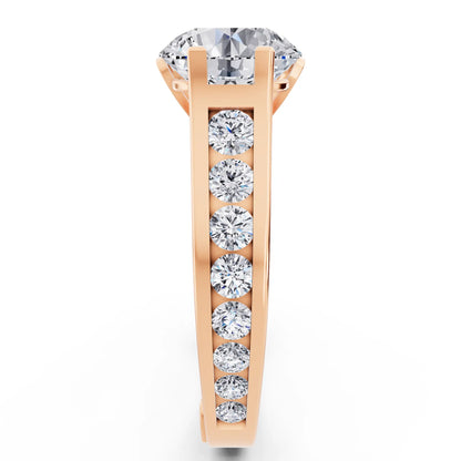 18 KT Rose Gold Round Cut Diamond Solitaire Ring with Graduated Channel Band - Side view