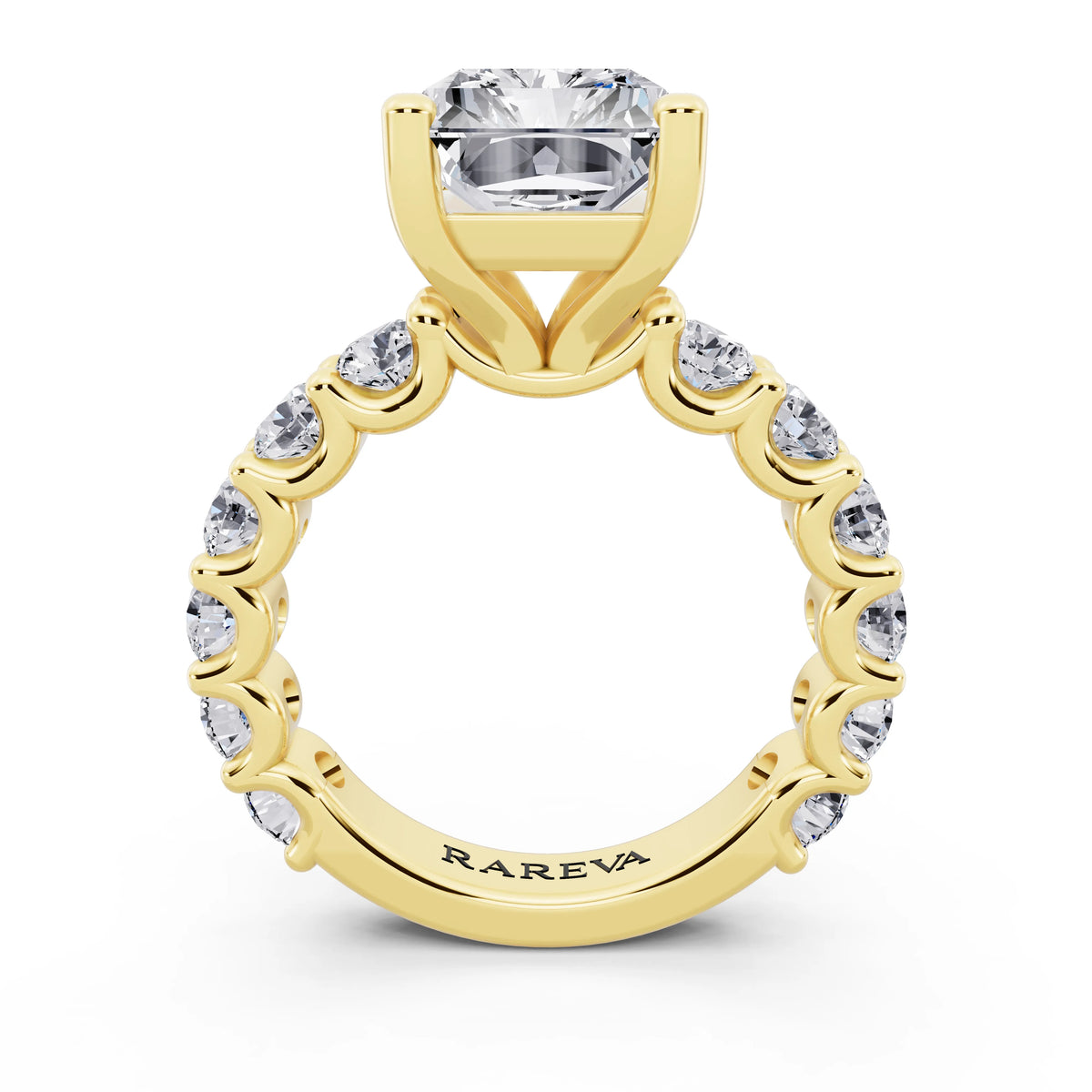 14 KT Yellow Gold Radiant Cut Diamond Ring with Shared Prong Eternity Band - through finger
