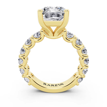 14 KT Yellow Gold Radiant Cut Diamond Ring with Shared Prong Eternity Band - through finger