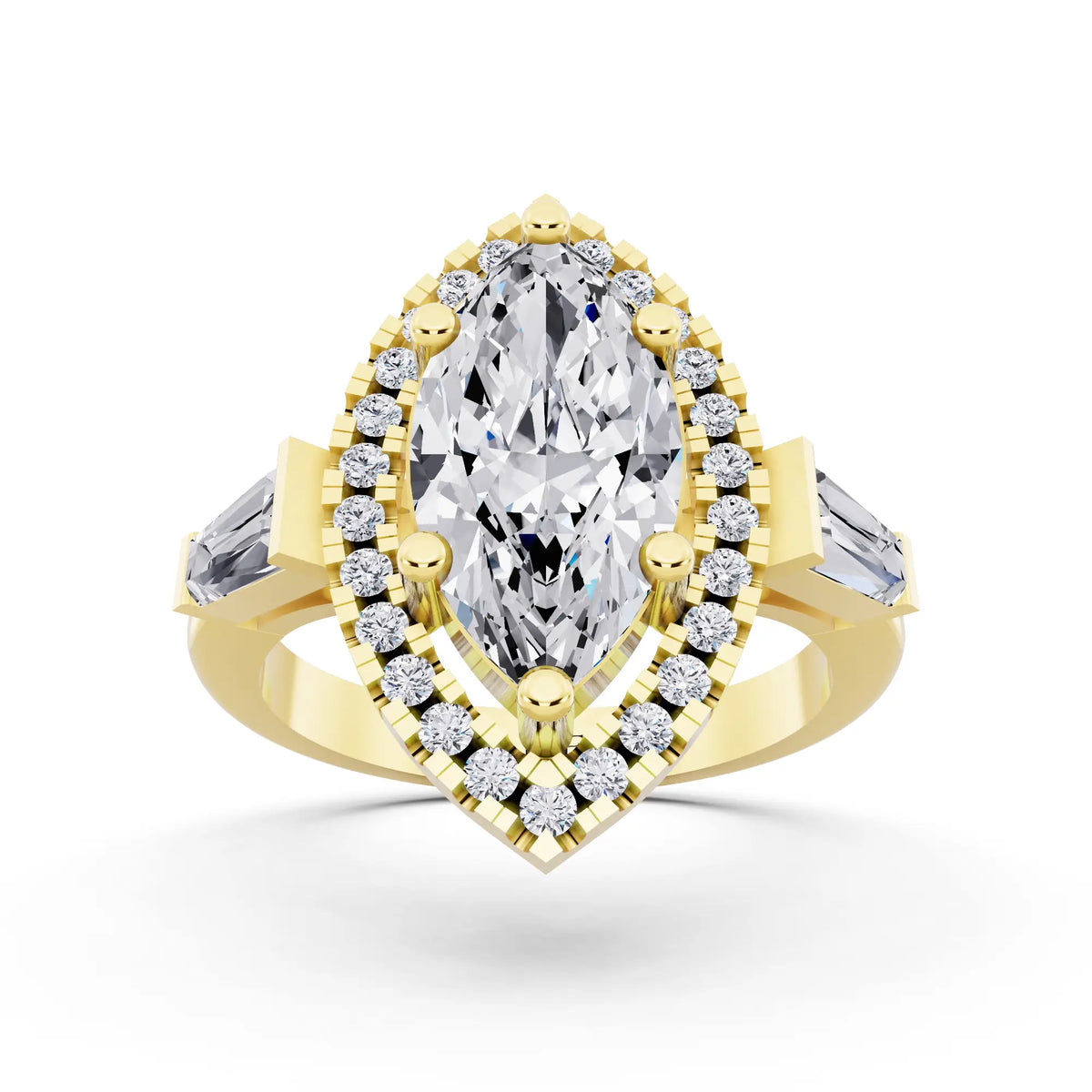 18 KT Yellow Gold Marquise Cut Diamond Halo Ring with Baguette Accents - front view