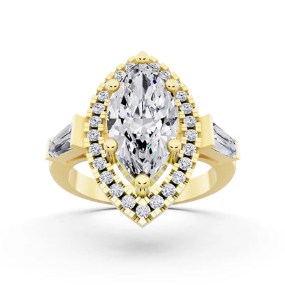 18 KT Yellow Gold Marquise Cut Diamond Halo Ring with Baguette Accents - front view