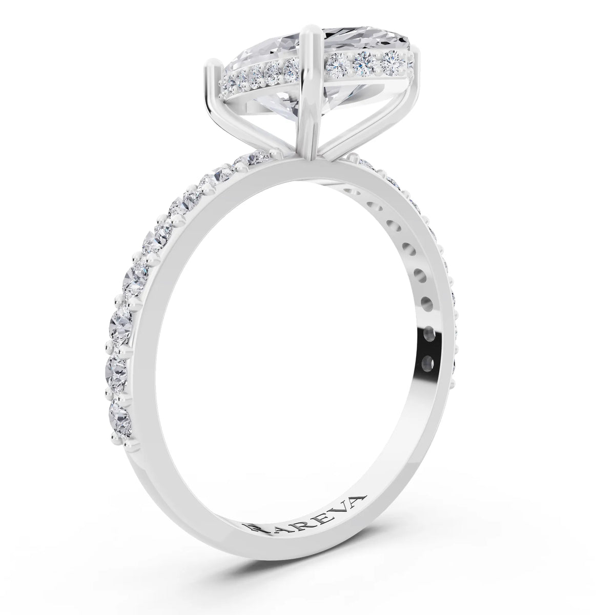 18 KT White Gold Marquise Cut Diamond Solitaire Ring with Hidden Halo and Pave Band - top view
