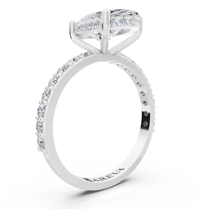 18 KT White Gold Marquise Cut Diamond Solitaire Ring with Hidden Halo and Pave Band - top view
