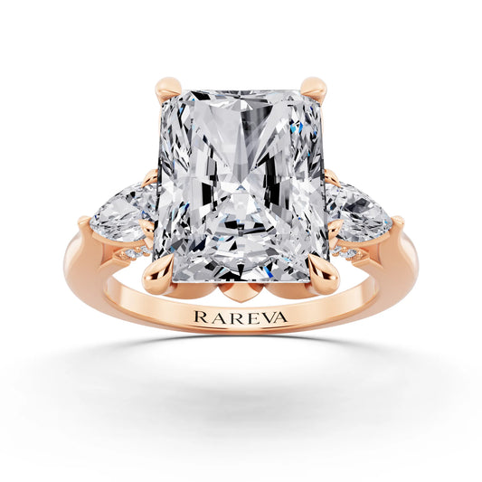 18 KT Rose Gold Radiant Cut Diamond Cluster Engagement Ring with Pear Accents and Pavé Band - front view