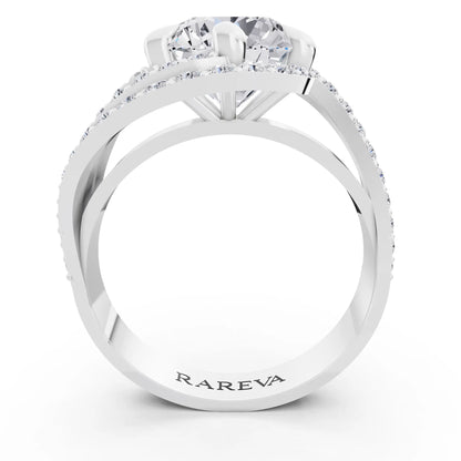 14 KT White Gold Round Cut Diamond Solitaire Ring with Swirl Pave Bands - Through