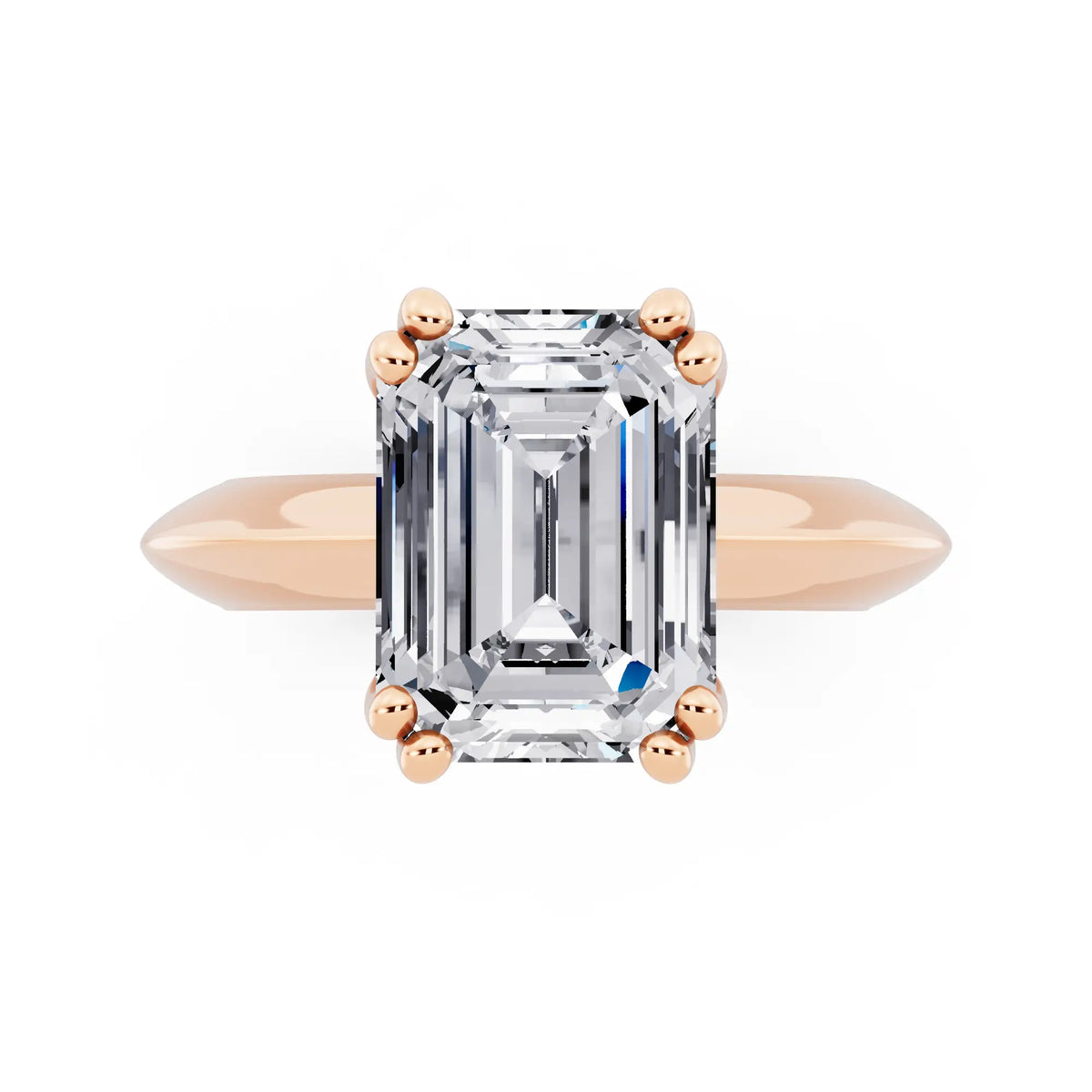 14 KT Rose Gold Emerald Cut Diamond Solitaire Ring with Knife Edge Band - top angle