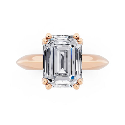 14 KT Rose Gold Emerald Cut Diamond Solitaire Ring with Knife Edge Band - top angle