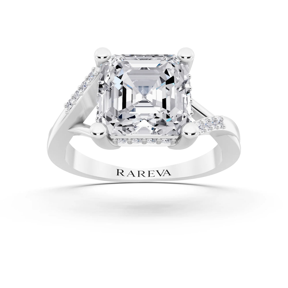 18 KT White Gold Asscher Cut Diamond Split Shank Engagement Ring with Hidden Halo - front view
