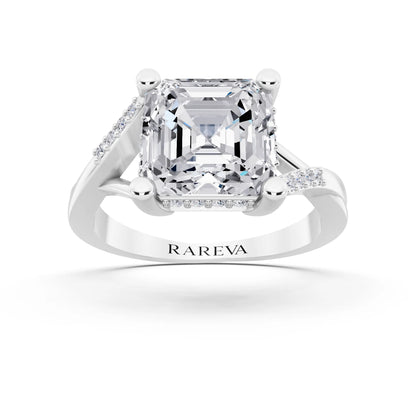 18 KT White Gold Asscher Cut Diamond Split Shank Engagement Ring with Hidden Halo - front view