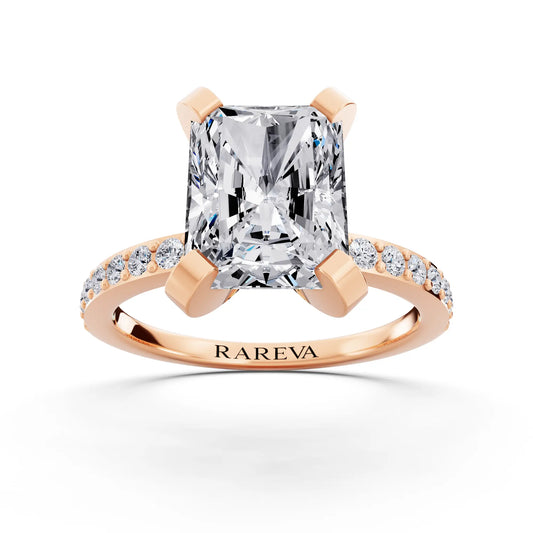 18 KT Rose Gold Radiant Cut Diamond Solitaire Ring with Pave Shank - front view