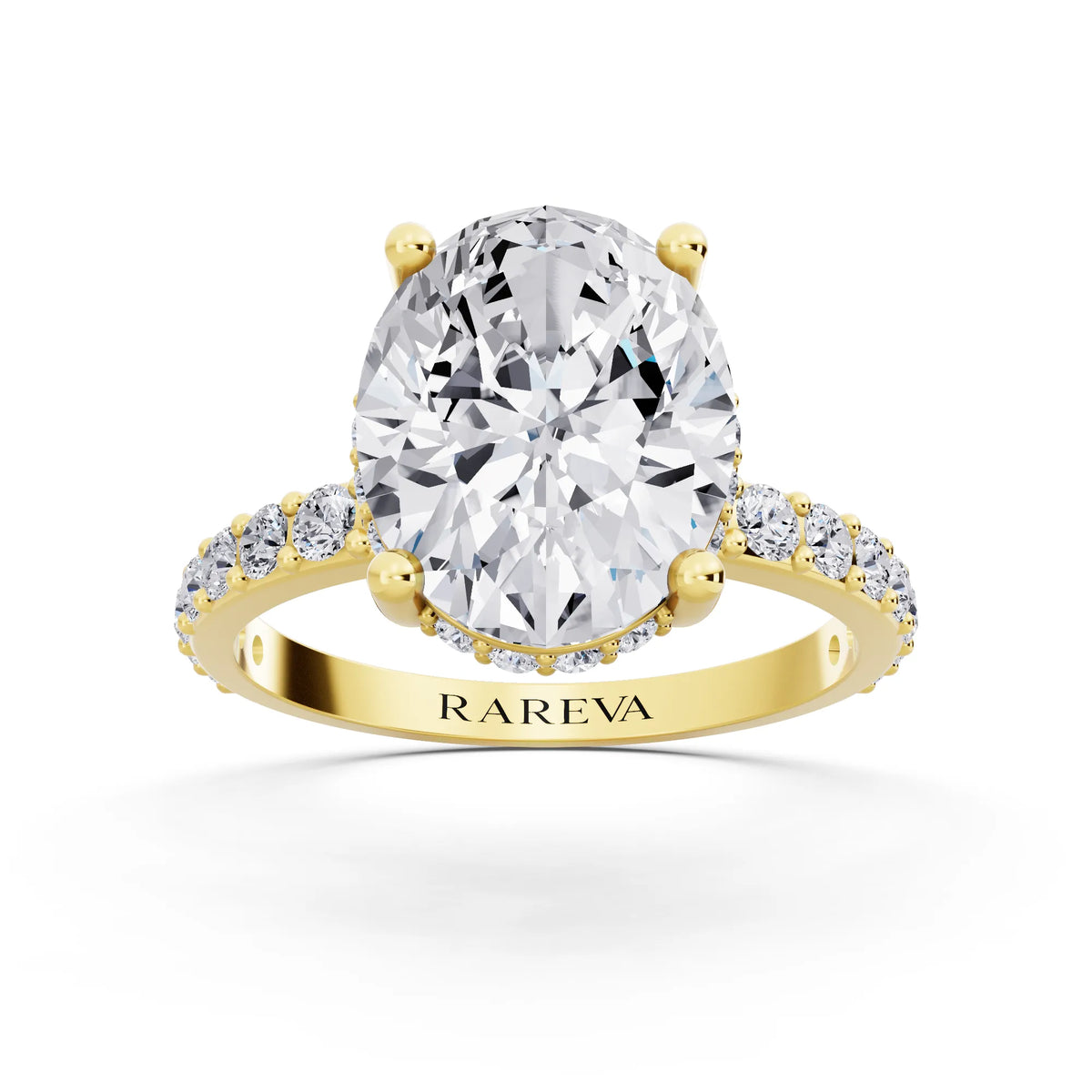 18 KT Yellow Gold Oval Cut Diamond Solitaire Ring with Hidden Halo and Pave Band - front view