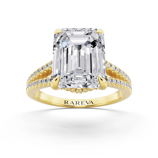 18 KT Yellow Gold Emerald Cut Diamond Ring with Pavé Split Shank - front view