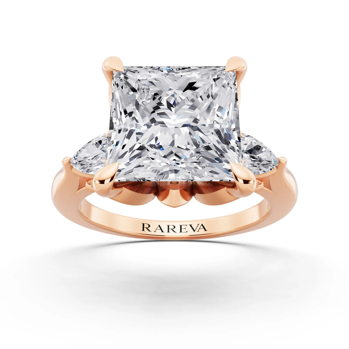 18 KT Rose Gold Princess Cut Diamond Cluster Engagement Ring with Pear Accents and Pavé Band - front view
