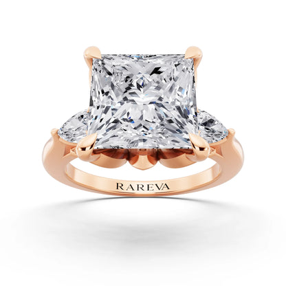 18 KT Rose Gold Princess Cut Diamond Cluster Engagement Ring with Pear Accents and Pavé Band - front view