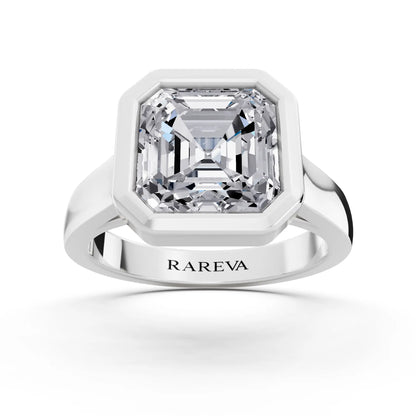 18 KT White Gold Asscher Cut Diamond Bezel Set Solitaire Ring - top angle