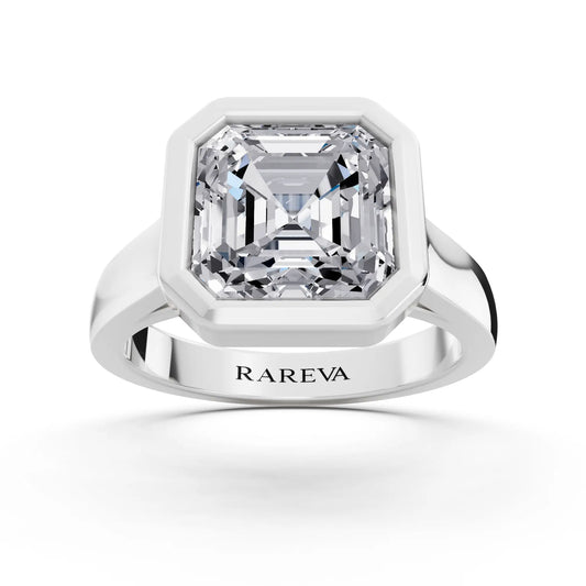 18 KT White Gold Asscher Cut Diamond Bezel Set Solitaire Ring - top angle