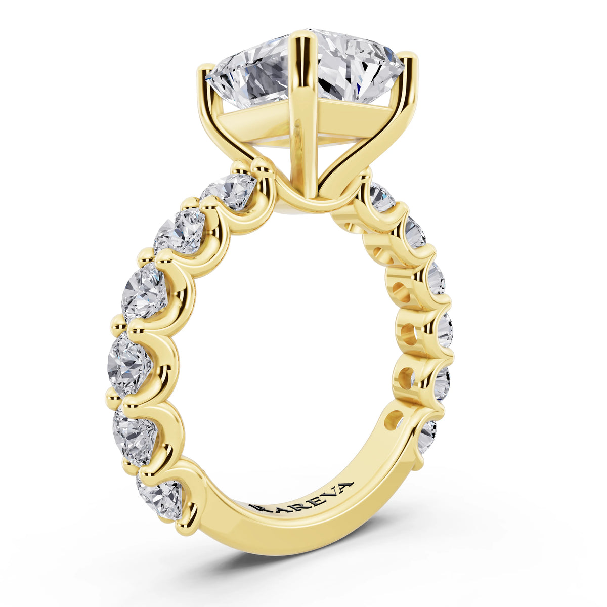 14 KT Yellow Gold Radiant Cut Diamond Ring with Shared Prong Eternity Band - top view