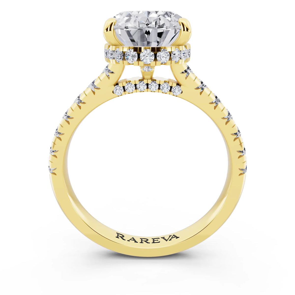 14 KT Yellow Gold Oval Cut Diamond Ring with Hidden Halo - through finger