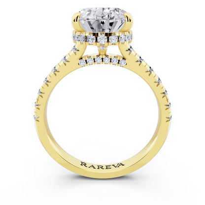 14 KT Yellow Gold Oval Cut Diamond Ring with Hidden Halo - through finger