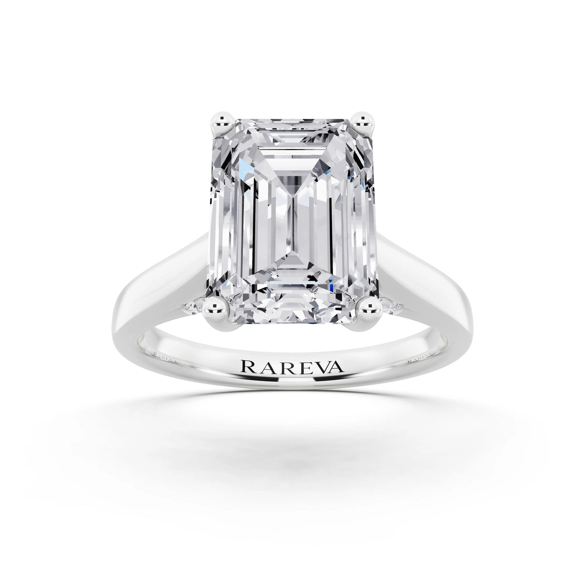 14 KT White Gold Emerald Cut Diamond Solitaire Ring with Hidden Accent - front view