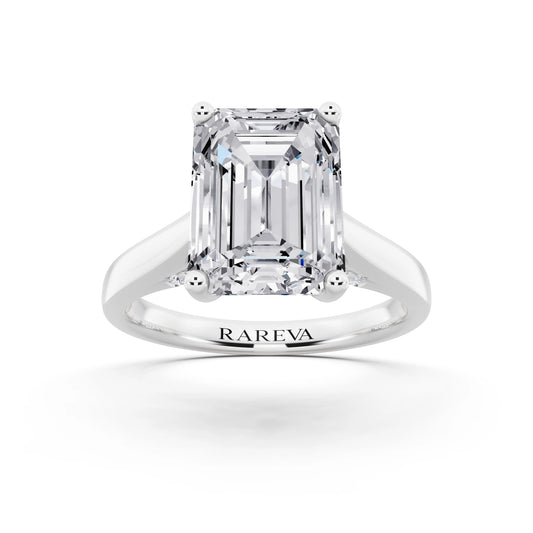 14 KT White Gold Emerald Cut Diamond Solitaire Ring with Hidden Accent - front view