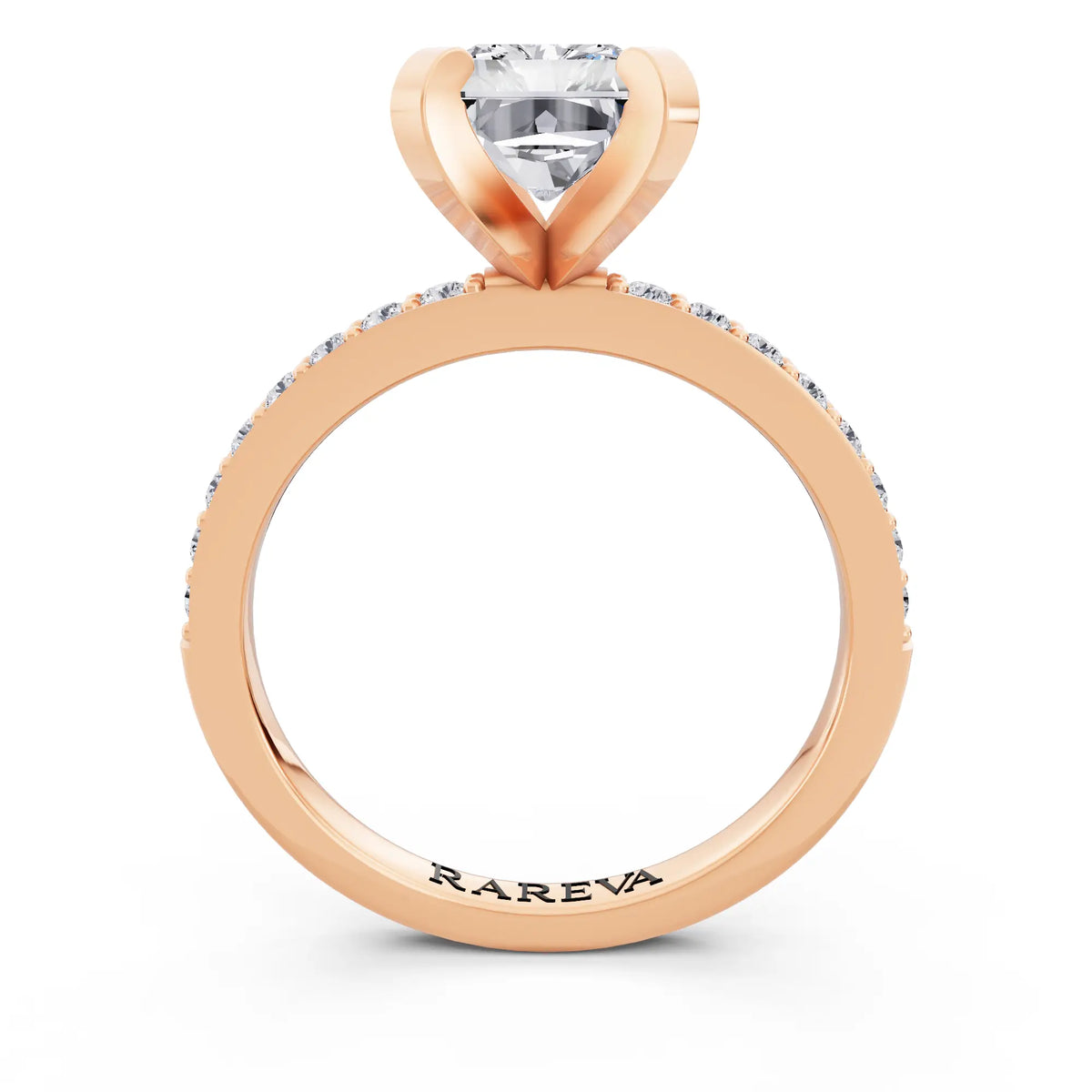 14 KT Rose Gold Radiant Cut Diamond Solitaire Ring with Pave Shank - through finger