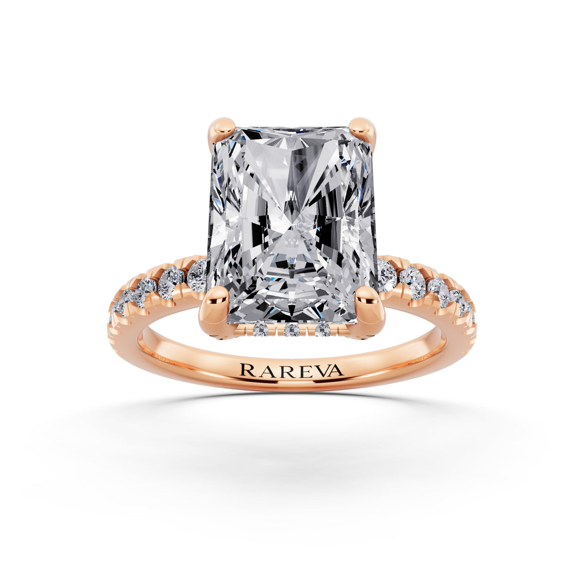 18 KT Rose Gold Radiant Cut Diamond Hidden Halo Ring with Pave Shank - front view