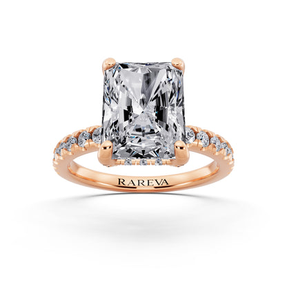 18 KT Rose Gold Radiant Cut Diamond Hidden Halo Ring with Pave Shank - front view
