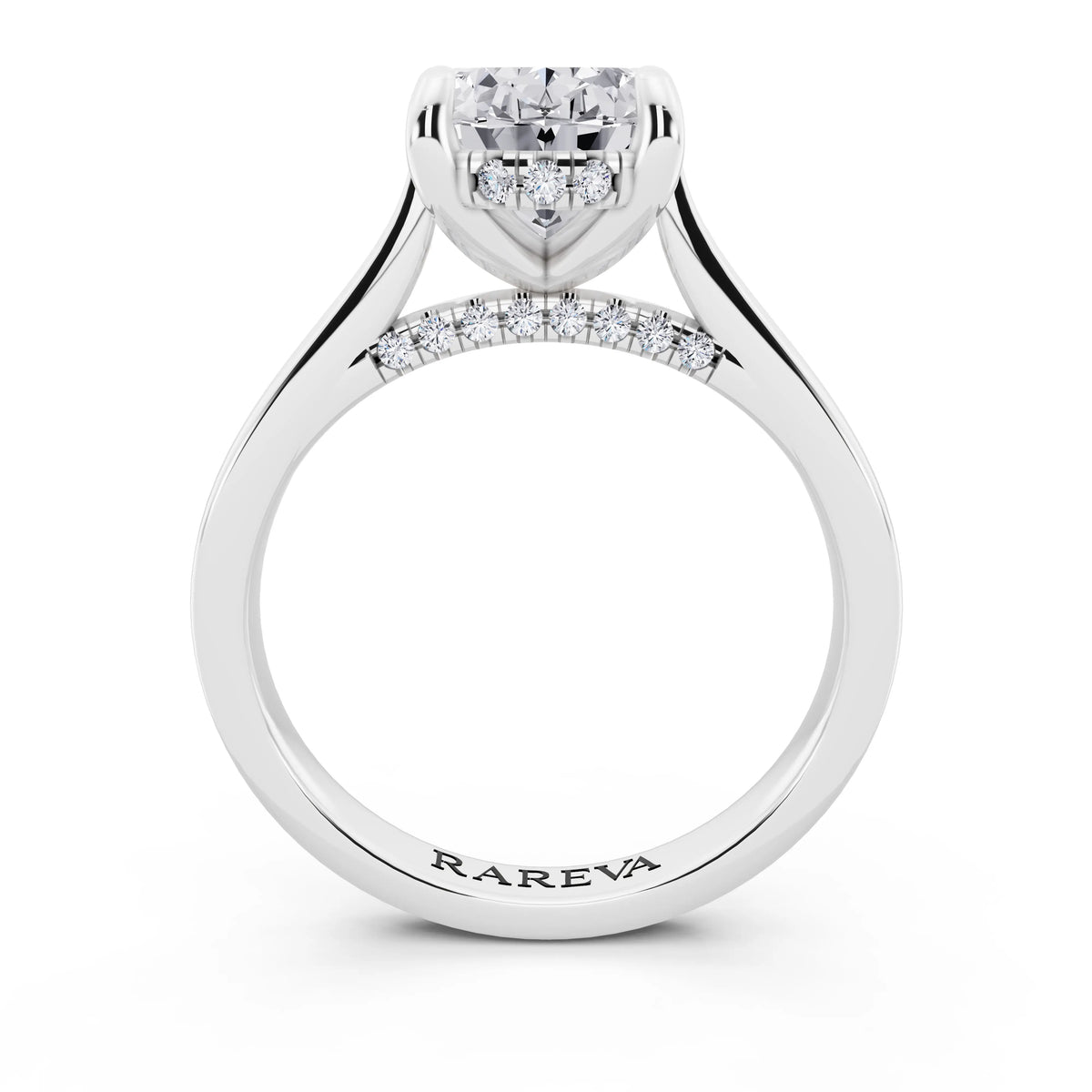 18 KT White Gold Oval Cut Diamond Solitaire Ring with Cathedral Band - through finger