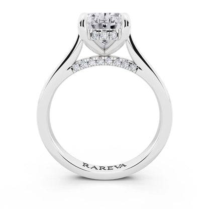 18 KT White Gold Oval Cut Diamond Solitaire Ring with Cathedral Band - through finger