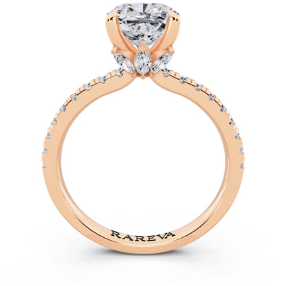 14 KT Rose Gold Cushion Cut Diamond Solitaire Ring with Marquise Collar - through finger