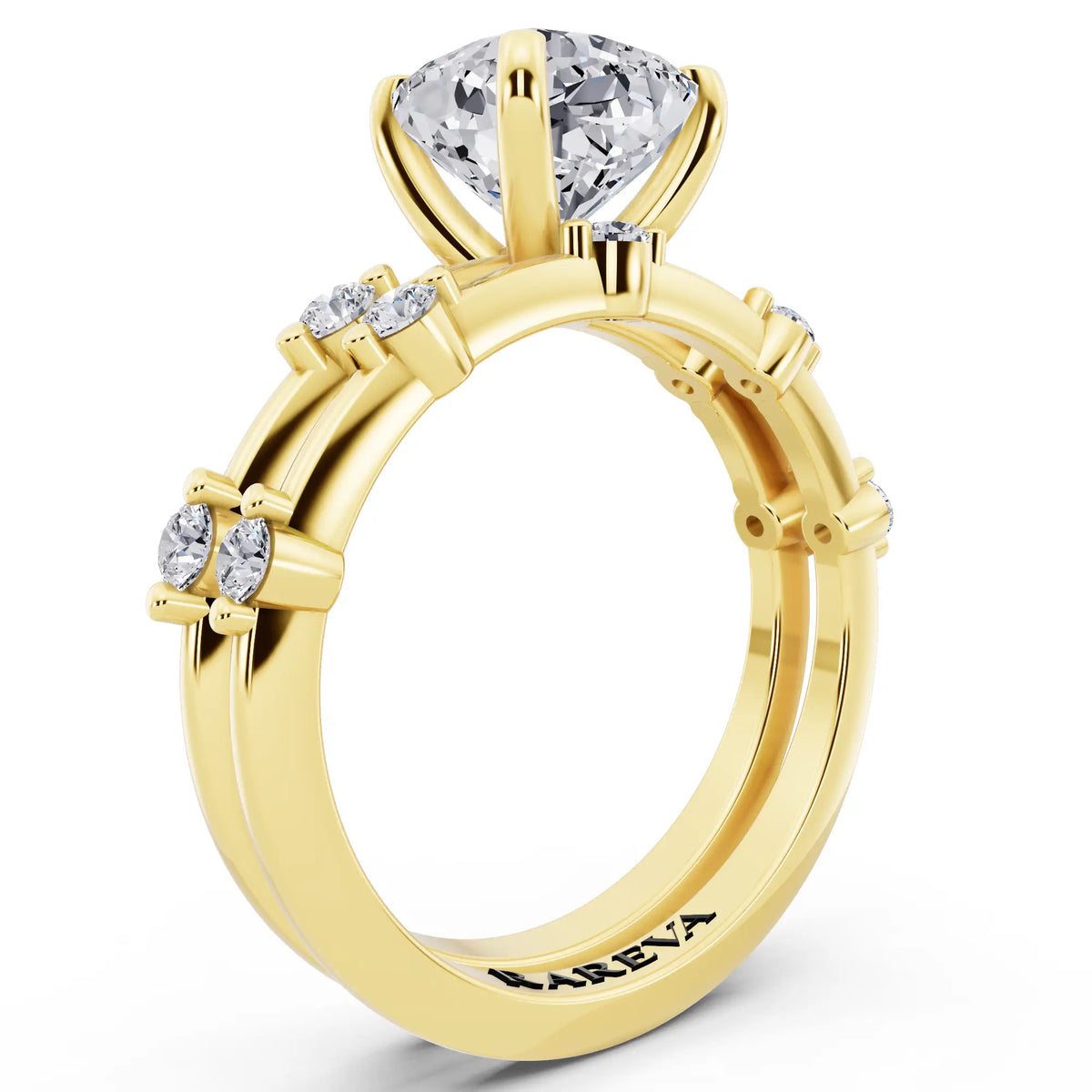 14 KT Yellow Gold Cushion Cut Diamond Ring with Floating Accent Band - top view