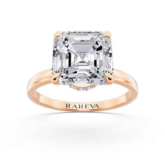 14 KT Rose Gold Asscher Cut Diamond Solitaire Ring with Pave Collar - front view