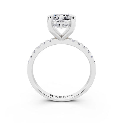 18 KT White Gold Marquise Cut Diamond Solitaire Ring with Round Pavé Band and Prong Setting - through finger